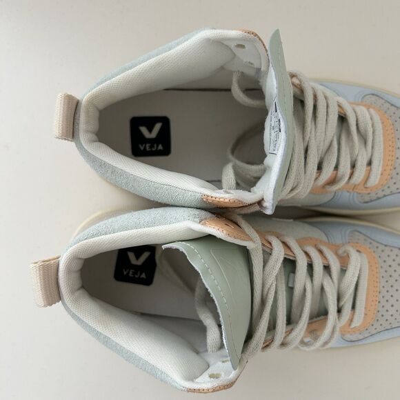 Veja V-15 Leather And Suede Sneaker Womens 8 Jade White Multico High Top Shoes - Picture 6 of 10